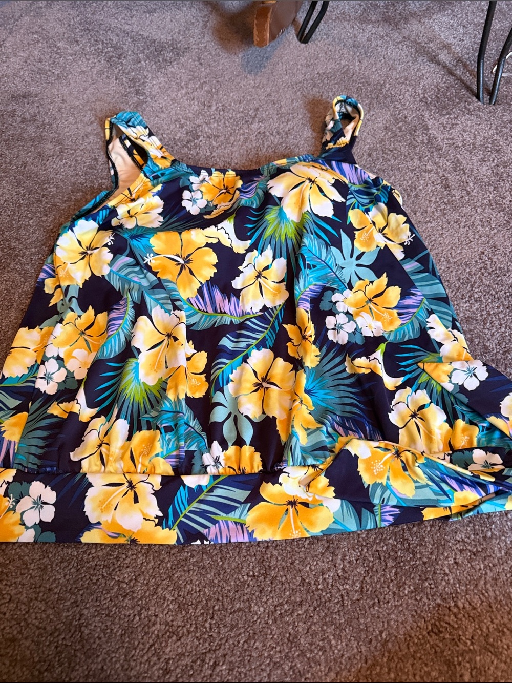 Swimsuits For All Navy Floral Tankini Top with Yellow Hibiscus